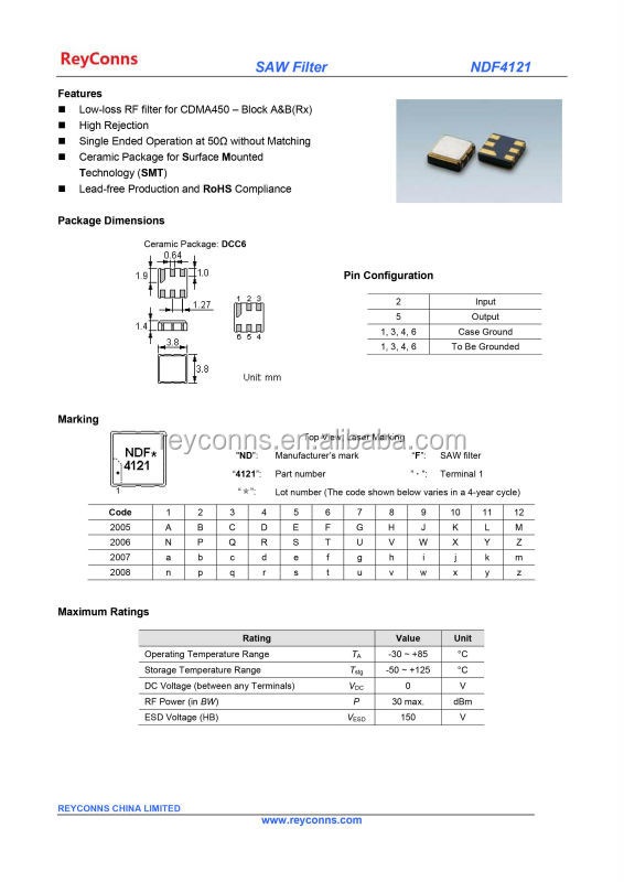 Mhzのreyconnsndf4121465cdma450をブロック& b( rx) 3.8*3.8mm/挿入損失2.5db/帯域幅は5mhz仕入れ・メーカー・工場