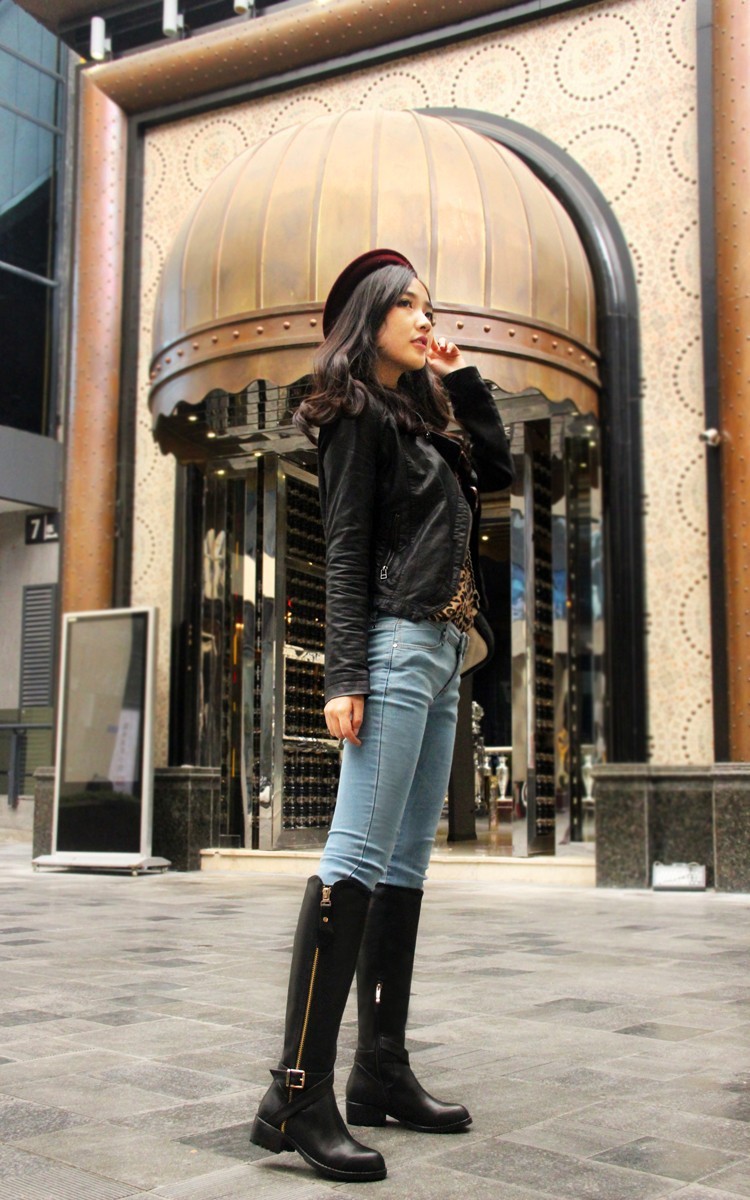 Free Shipping Sexy Women Flats Genuine Leather Knee-length Boots