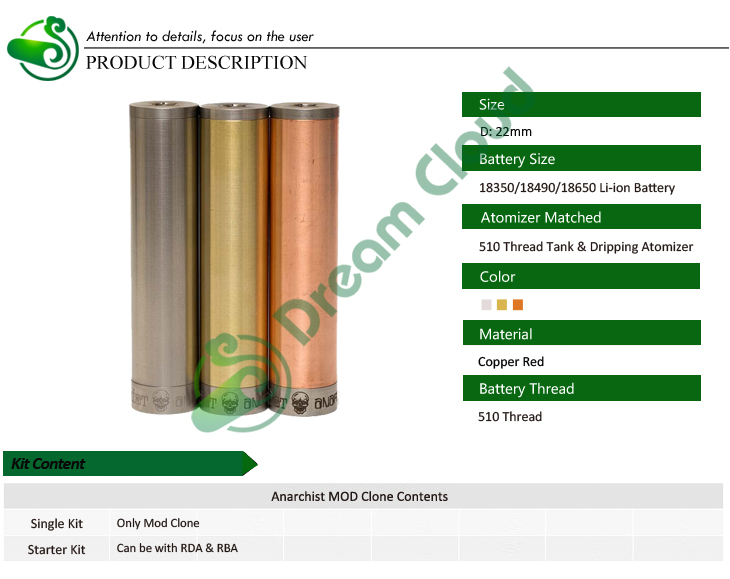 In Stock New Arrival ecigarette18650 1:1 Clone Anarchist Mod from Dream Cloud Precise Hardware Manufacturer