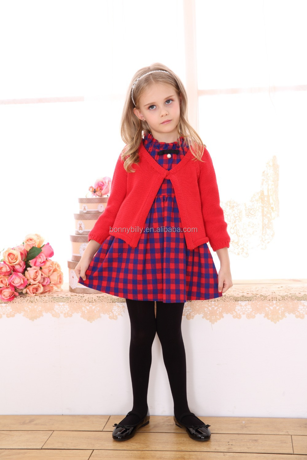 plaid cotton frilly girl dress with red cardigan