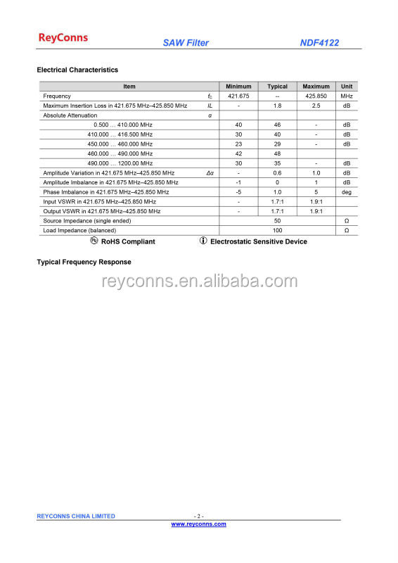 Reyconnsndf4122cdma450412.675-425.85mhzdcc6d3*3mm1.8db挿入損失/mobile電話sawフィルタ仕入れ・メーカー・工場