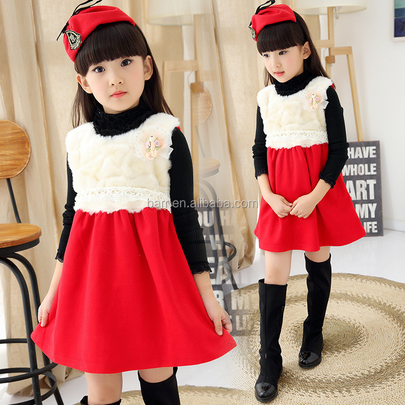 素敵なかわいい小さな女の子スタイルドレス赤白毛織物や綿コサージュつき仕入れ・メーカー・工場