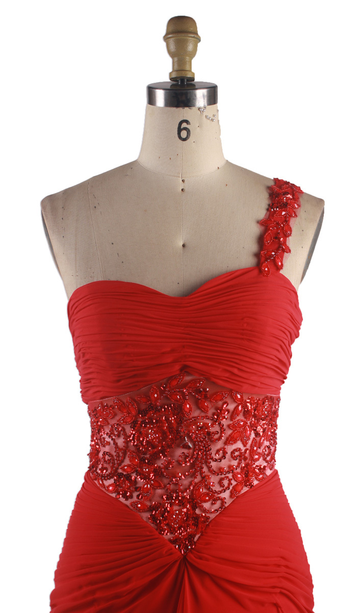 赤の片方の肩のビーズプリーツのイブニングドレスを末尾問屋・仕入れ・卸・卸売り