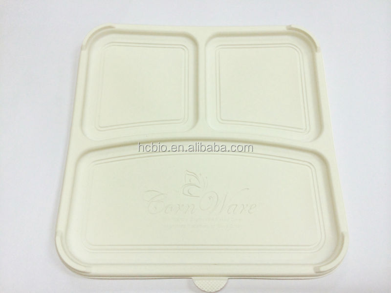 Corn starch 800ml 100% biodegradable disposable plastic lunch box with 3 compartments