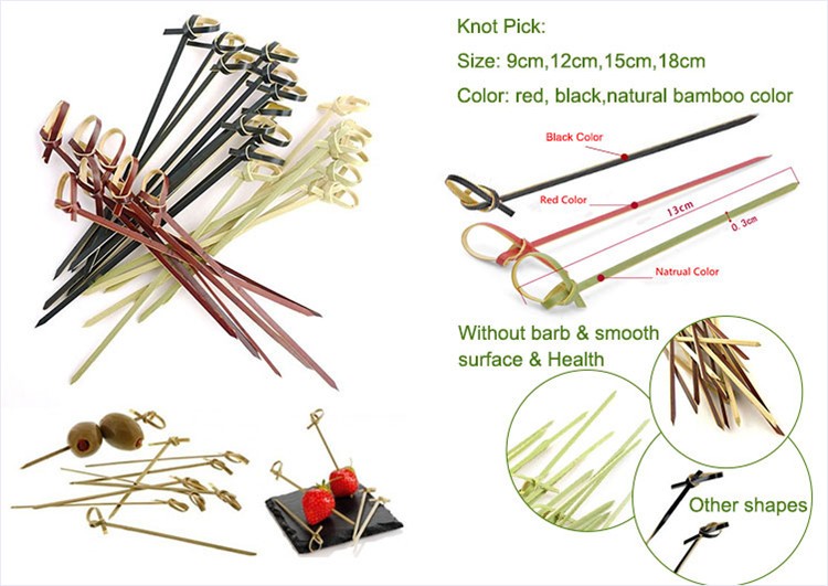 Twisted knotted colored natural bamboo skewers and toothpicks