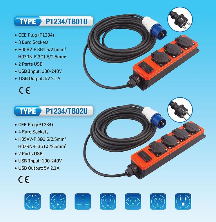 Znpon P1234/tb02u Ip44 4 Way Schuko Extension Lead Socket With Cee Plug