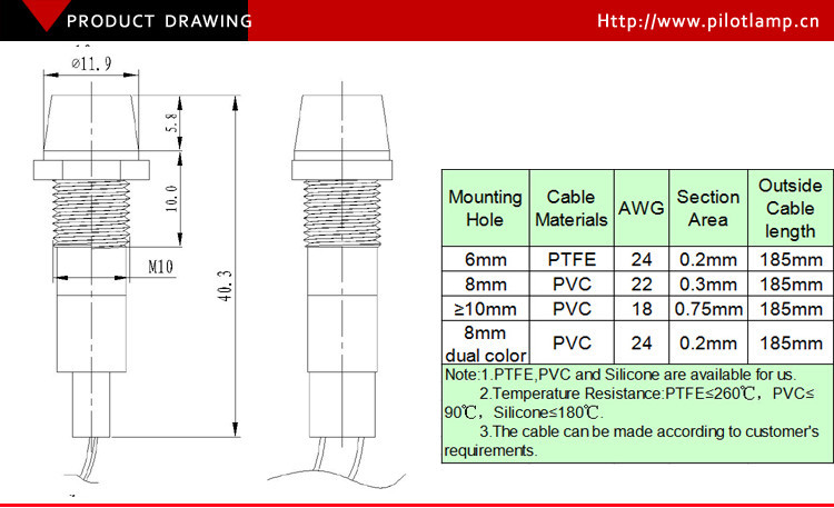 金属10mm110v220v非- ポーラー赤色led高電圧信号リード線とパイロットランプの光仕入れ・メーカー・工場