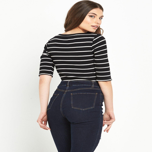 高品質レディースtシャツコットン生地女性ハーフスリーブトップスセクシーなvネックストライプ卸売女性シャツ仕入れ・メーカー・工場
