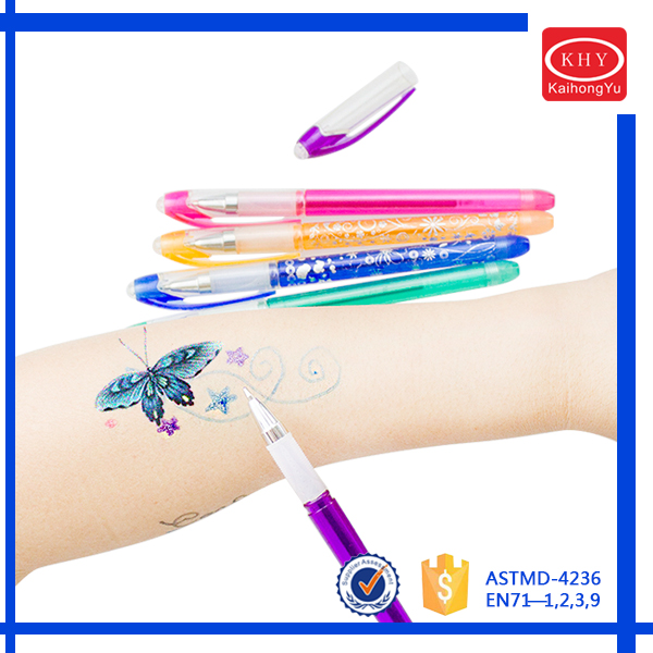 Kit 6 Tattoo Gel Pens Glitter Temporary & Stencil Kids Set Children