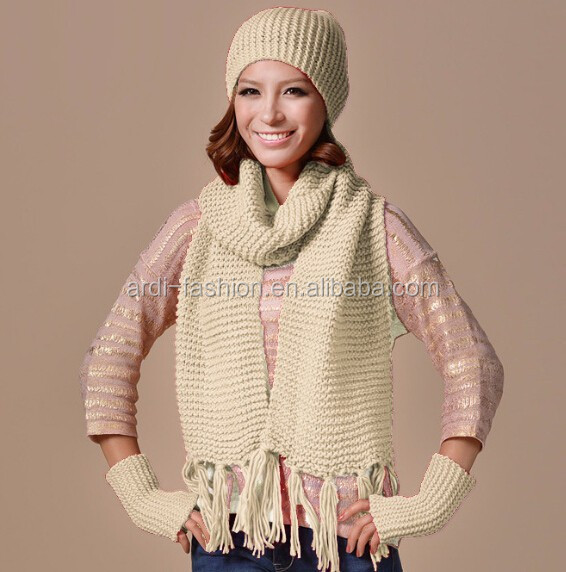 New Design Wholesale Winter Ladies Knitting Pattern Fringed Hat Scarf Gloves ...