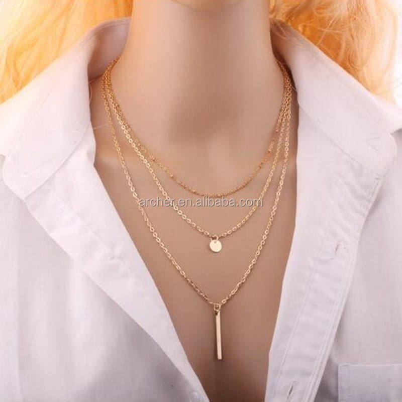 Gold Filled Fashion Design Long Chain Multi Necklace Women Pendant
