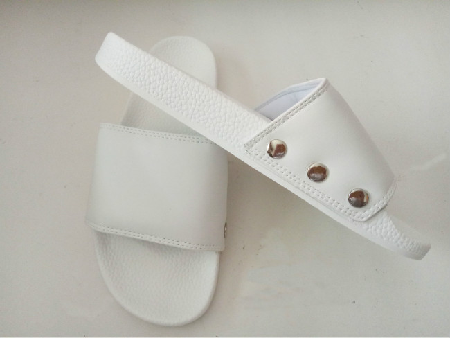 white flat slide sandals