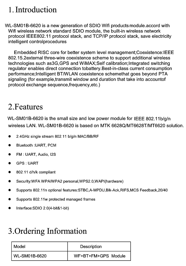 コンボモジュールmt662044ピンwl- sm01b- 6620- v1.015※14mmwifi: sdiobt/fm/gprs: uart仕入れ・メーカー・工場