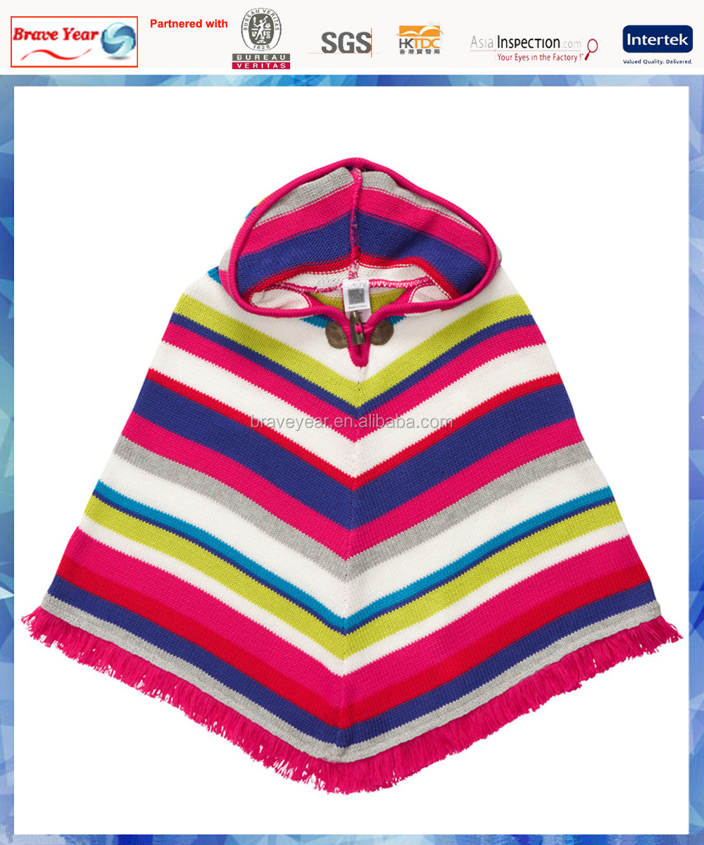 綿100％明るいストライプニット子供のフード付きポンチョ/子供岬/岬の女の子のセーター仕入れ・メーカー・工場