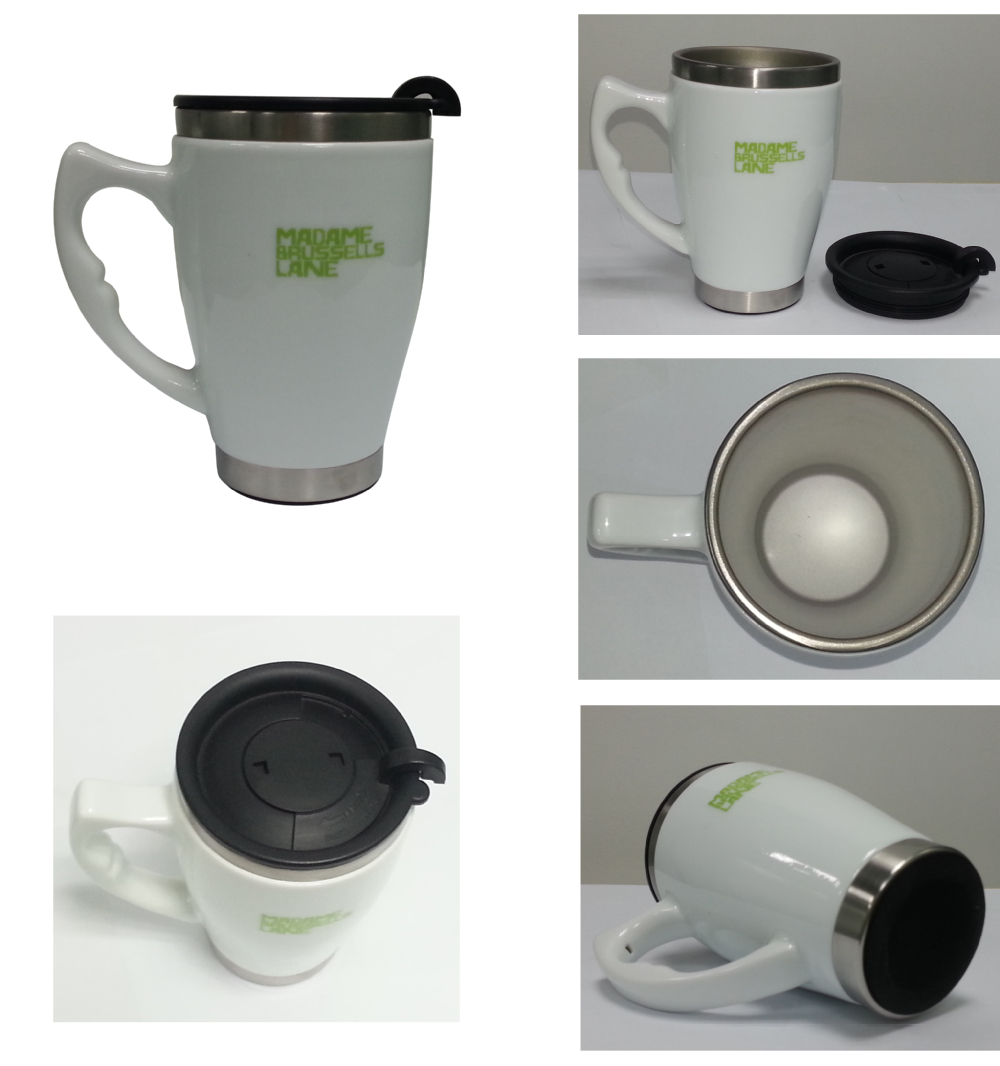 450ml Stainless Steel Inner Ceramic Outer Plain White Coffee Mugs