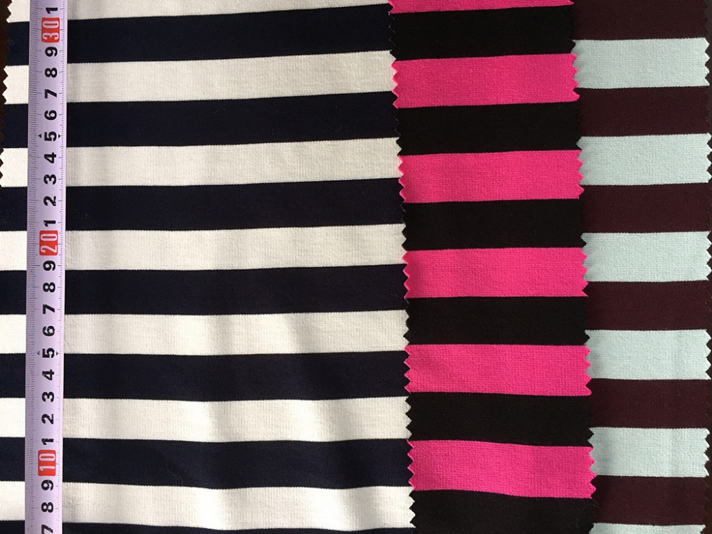 stripes,implication %poly 53%viscose 5%sp knitted ponte roma fabric colored stripes