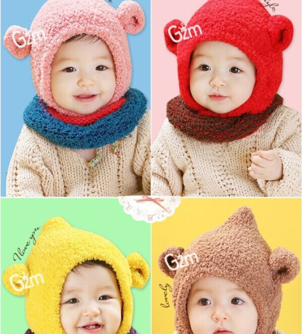 韓国スタイルのシンプルなキャップ厚く2個の子供キャップとスカーフ子供秋の綿の帽子問屋・仕入れ・卸・卸売り