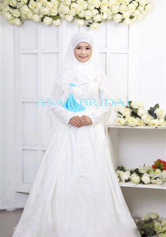 Msl103 Latest Custom A Line Arabic White Long Sleeve Hijab Muslim