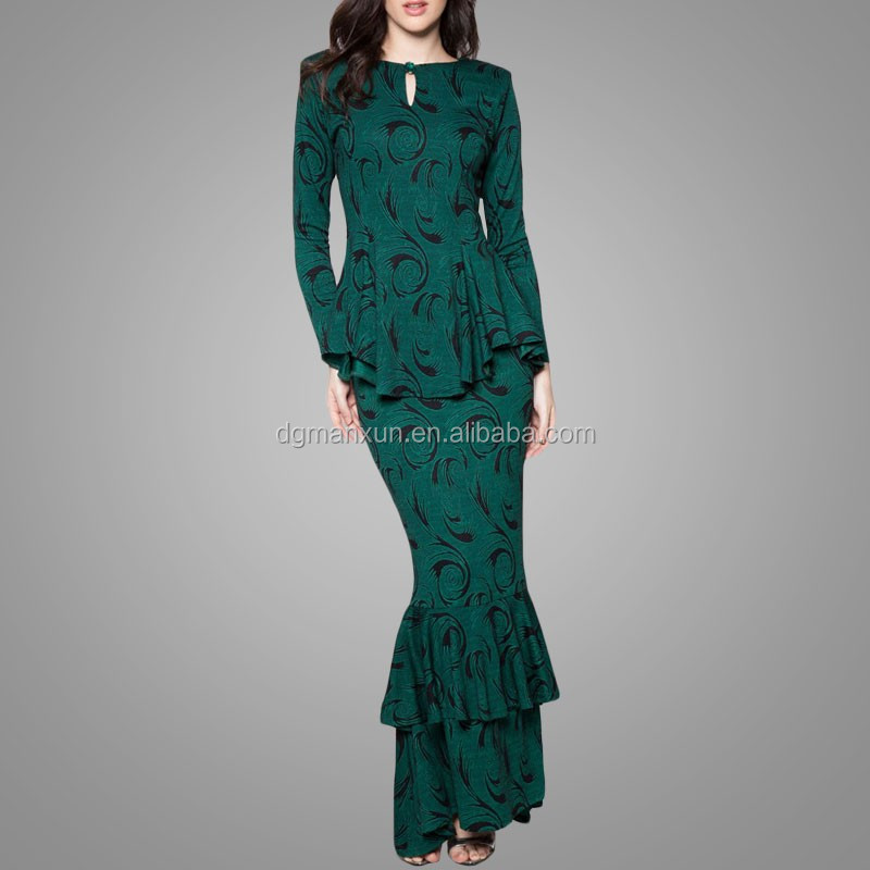 green printed peplum mermaid baju kurung new arrival beautiful malaysia baju kurung