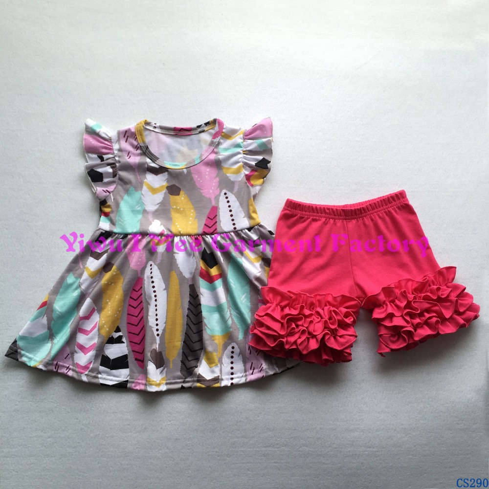 CS292かわいい女の子ブティック夏衣装子供チキン柄フラッタースリーブドレスとアイシングショーツ服セット仕入れ・メーカー・工場