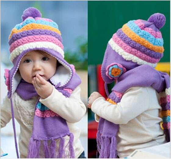 韓国スタイルのシンプルなキャップ厚く2個の子供キャップとスカーフ子供秋の綿の帽子問屋・仕入れ・卸・卸売り