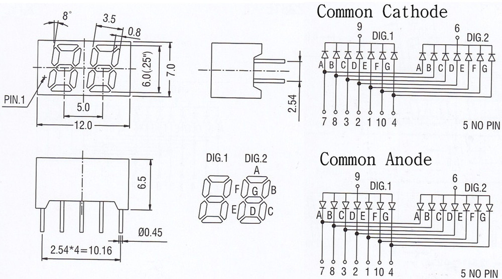 common anode/cathode 0.25 inch mini double 7 segment led display 2 digits