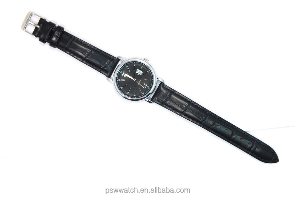 Man watch 2015 black genuine leather watch with calendar