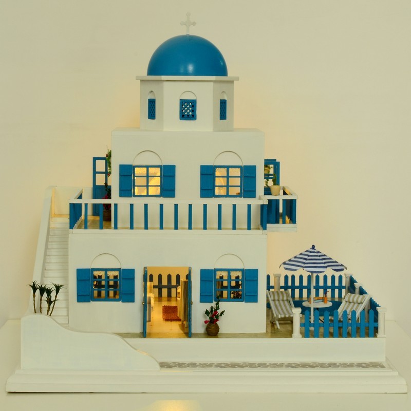 DIY LED LIGHT wooden Dollhouse miniatures Greece house sweet trip kit