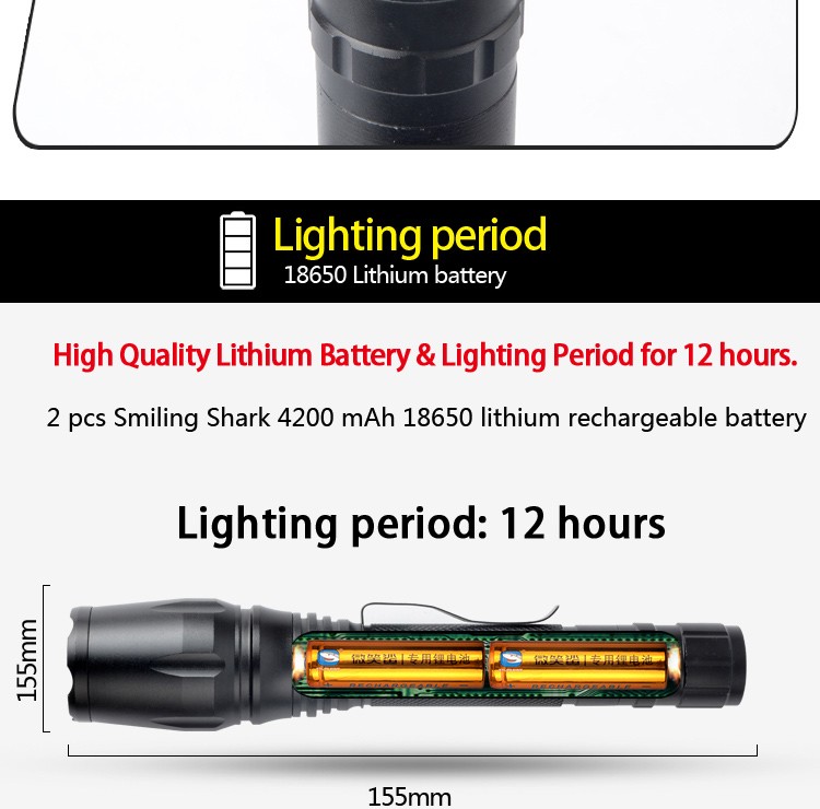 笑顔シャーク中国工場ズームled充電式懐中電灯トーチ18650バッテリーled懐中電灯ズーム可能なxm-l t6 led懐中電灯仕入れ・メーカー・工場