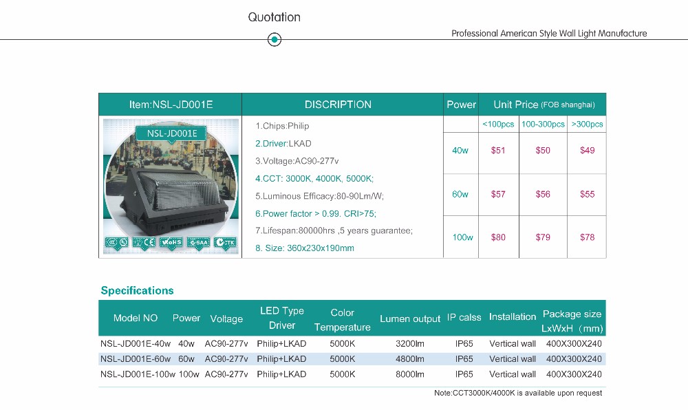 Sample for free high protection IP65 40w led wall pack with sensor, engineering special use dlc led wall pack