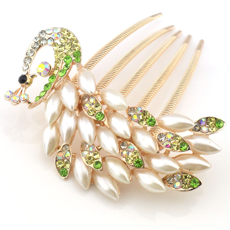 2014 fashion retail peacock Pearl green crystal alloy charm flower wedding bride comb