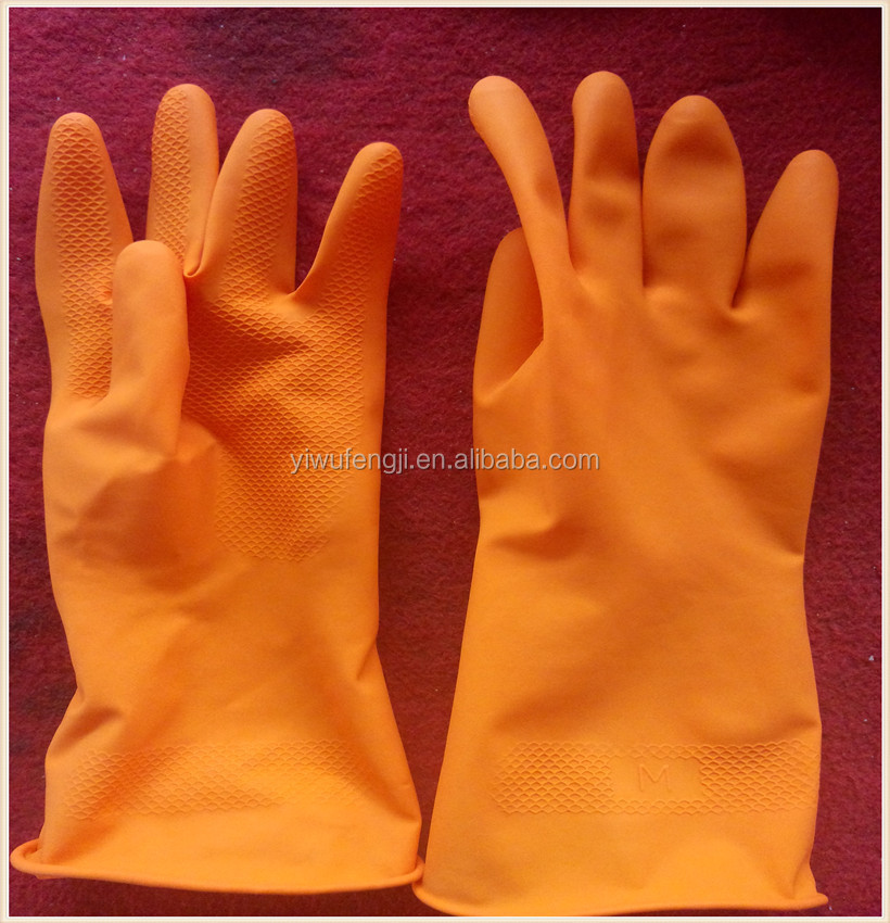 オレンジ色のラテックス家庭用手袋/フロック裏地家庭用手袋/高品質ラテックス家庭用手袋問屋・仕入れ・卸・卸売り