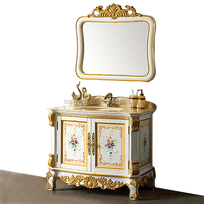 New Arrival European Baroque Style Solid Wood Carving Floral Bathroom Vanity With Mirrors Bf12
