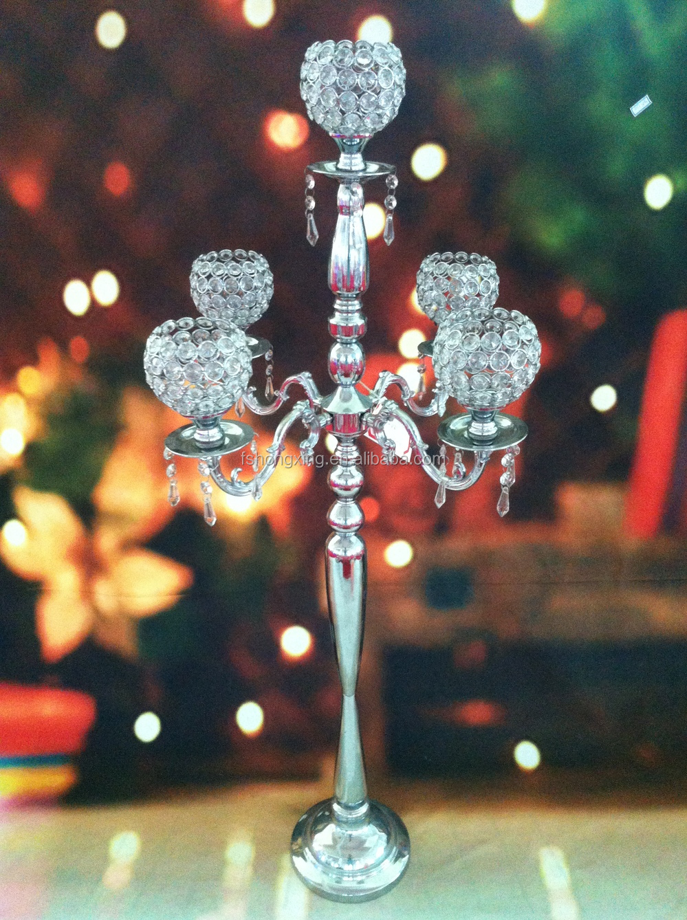 5arms Tall Wedding Crystal Globe Candelabra Centerpiece,Candle Holder