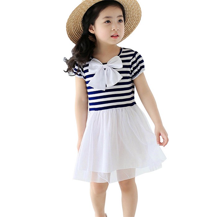 2016新しいちょう結びストライプ女の子frocksデザインメッシュ子供ドレス仕入れ・メーカー・工場