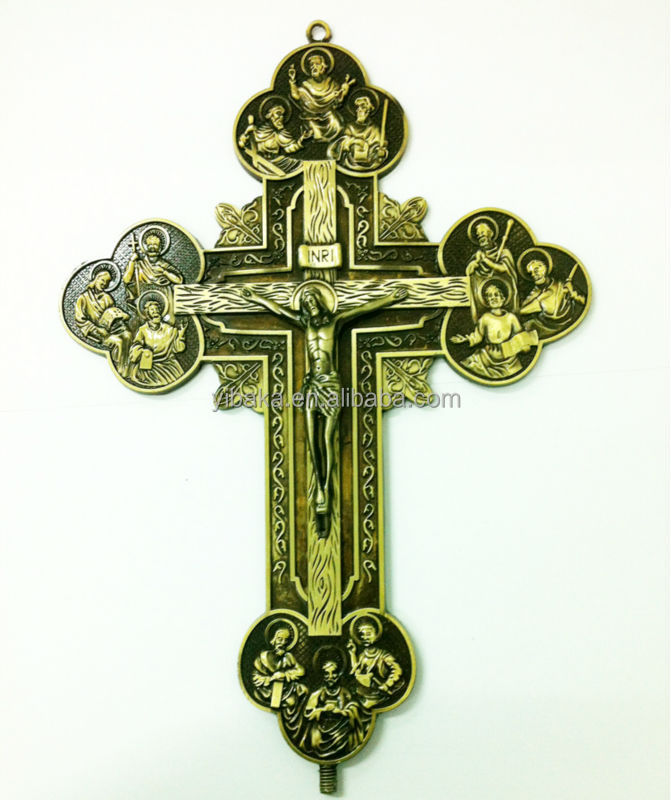 2015新しいスタイル、 宗教的なロザリオ12弟子亜鉛合金size32*20cmスタンディング十字架付き十字架仕入れ・メーカー・工場