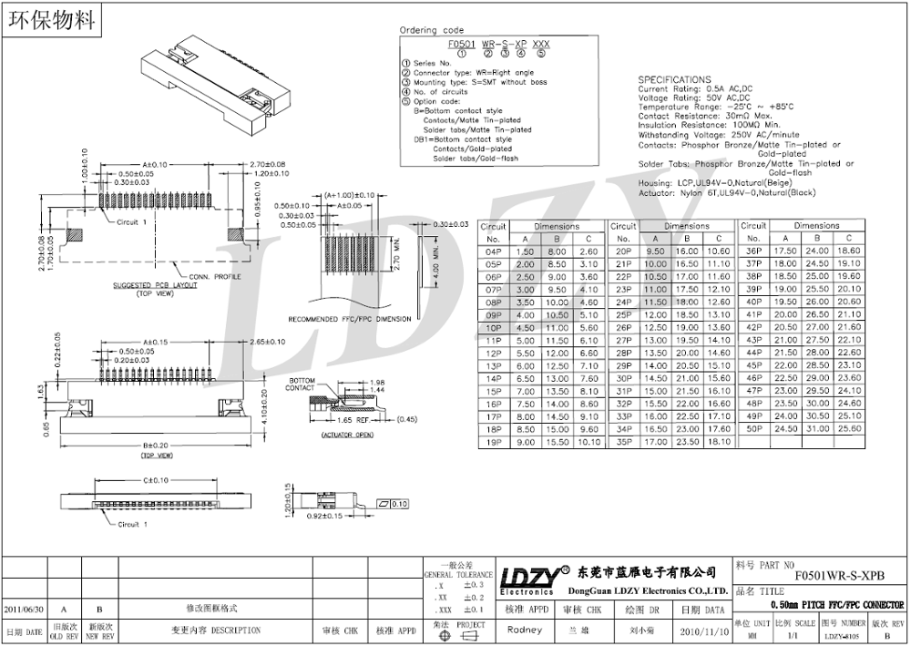 High Quality UL 0.50mm pitch FPC FFC electric connector 16 17 18 19 20 pin