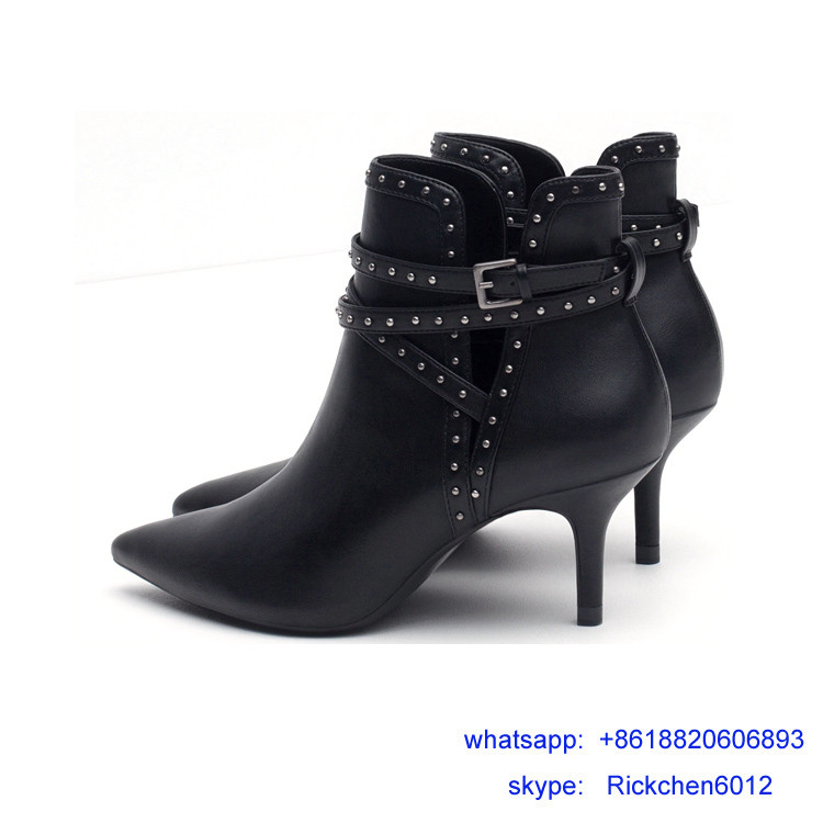 hot sale black leahter rivet thin heel women boots