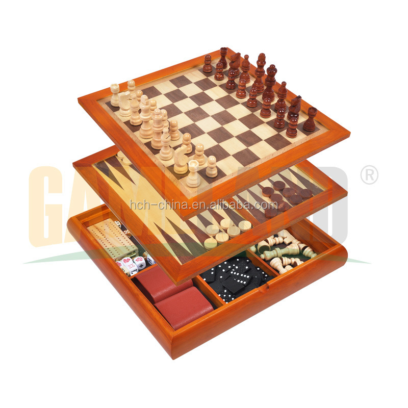 デラックス7イン1セットチェス木製のゲーム、 チェッカー、 バックギャモン、 のドミノ、 トランプ、 ポーカーダイスとクリベッジ仕入れ・メーカー・工場