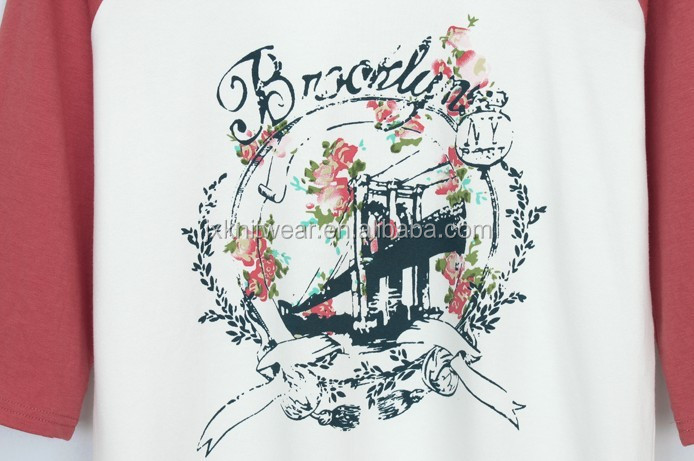 レディース`2014年コントラストカラーラグランスリーブクルーネックカラフルなプリント付きtシャツ問屋・仕入れ・卸・卸売り