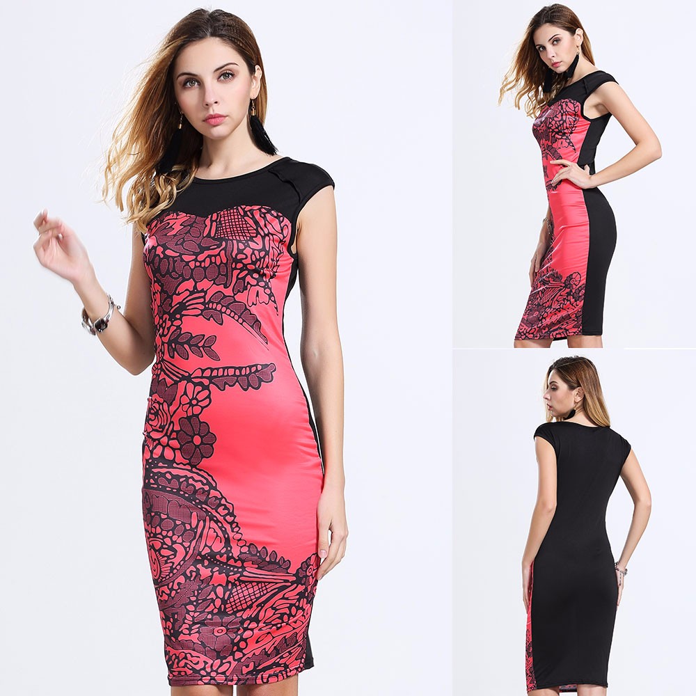 ファッションの新しいノースリーブ赤い花プリントボディコンパーティードレス女性ドレス仕入れ・メーカー・工場