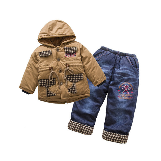 ヨーロッパの子供カジュアル2個2015赤ちゃん男の子の冬服刺繍デニムパンツと暖かい厚いコート仕入れ・メーカー・工場