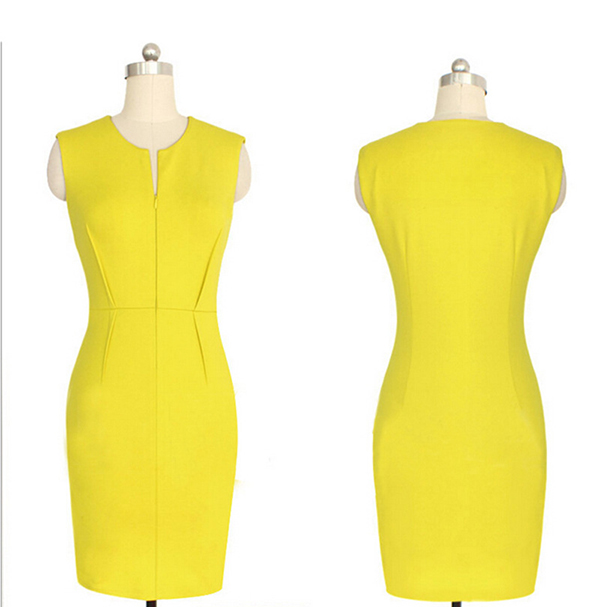 最新ファッション女性エレガントな黄色包帯ドレス袖なしジッパーパーティーカジュアルペンシルドレスプラスサイズ問屋・仕入れ・卸・卸売り