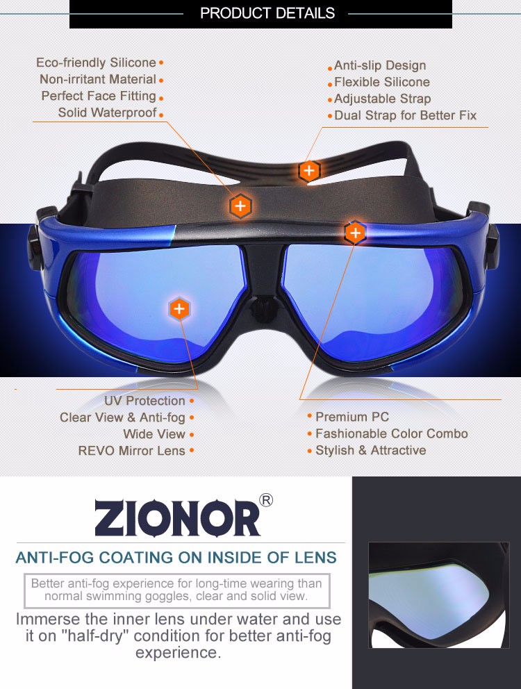 Zionor大きなフレームシリコーン水泳ゴーグル防曇uv保護revoミラーコーティング偏光レンズ調整可能なストラップ仕入れ・メーカー・工場