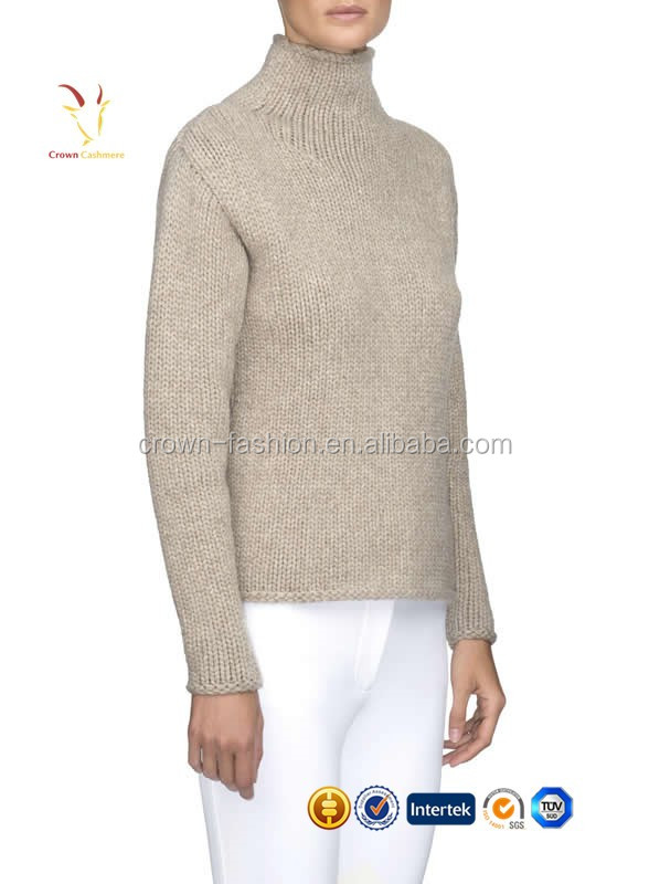 Ladies high collar pure cashmere chunky knit pullover sweater