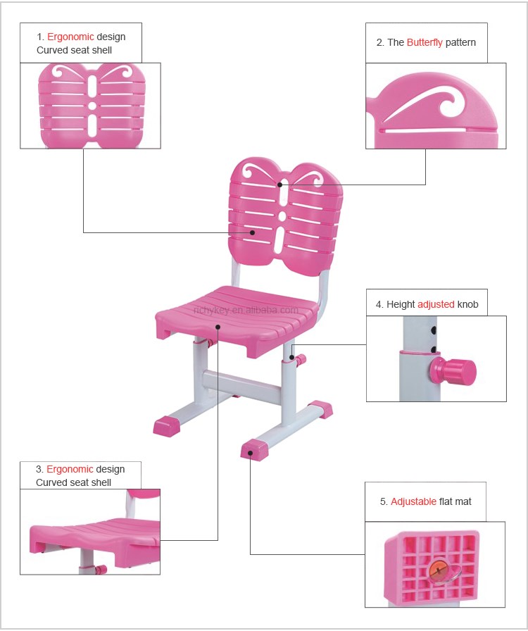 現代の素敵な蝶ピンクカラー高さ調節可能な小学校学生机と椅子セット仕入れ・メーカー・工場
