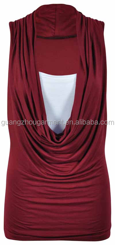 女性のコントラストインサートカウルネックストレッチロングベストレディースノースリーブt- シャツトップブラウス問屋・仕入れ・卸・卸売り