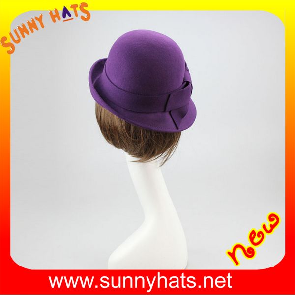 Elegant 100% wool round top felt hats for winter with stripe trim