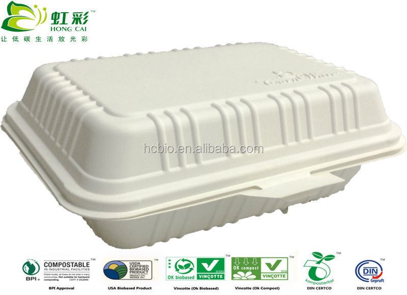 Corn starch 800ml 100% biodegradable disposable plastic lunch box with hinged lid