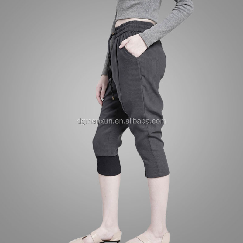 Latest fashion fat women woven medium cropped pants